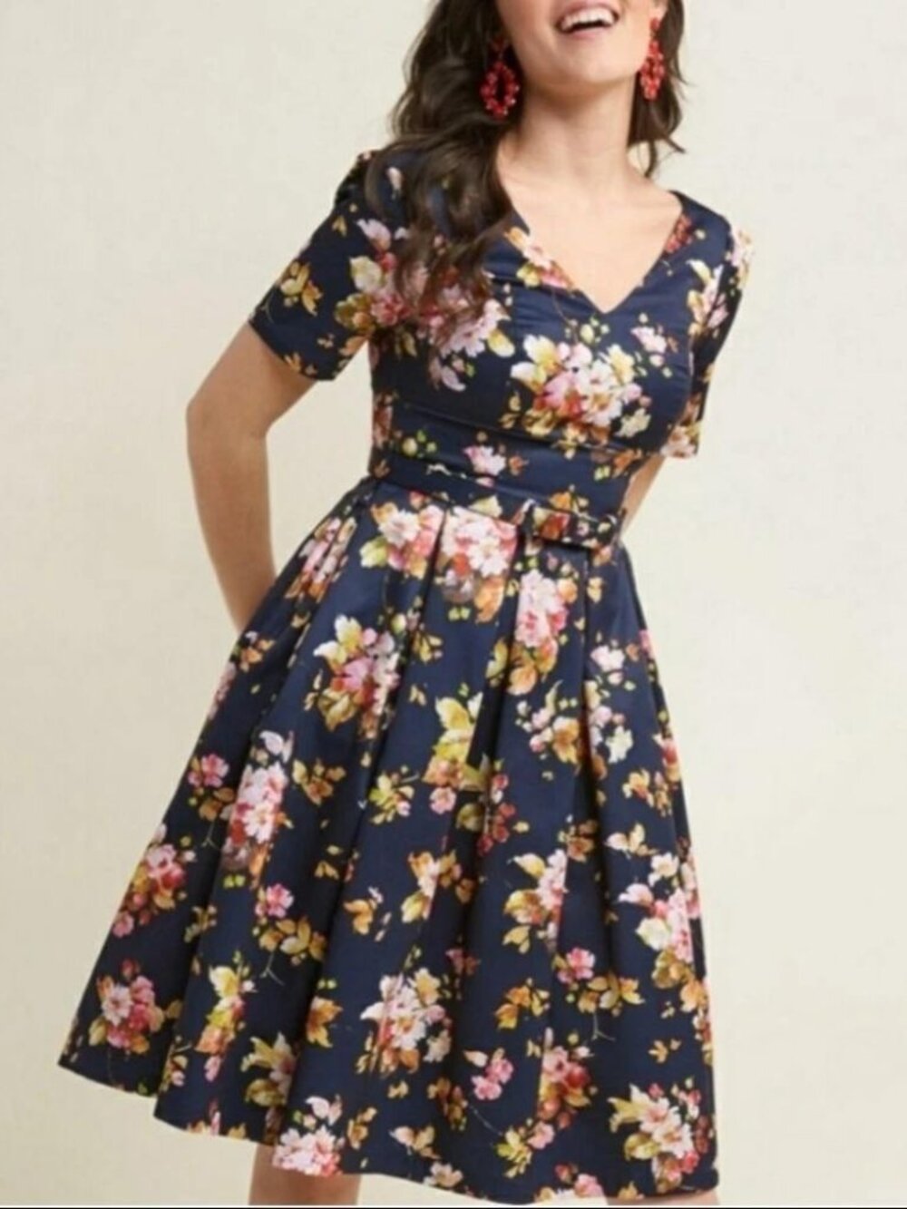 ModCloth Elegant Instance navy floral fit and flare belted dress wedding party